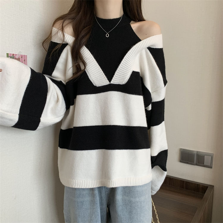 Fake two-piece halterneck off-shoulder long-sleeved pullover sweater for women 2023 new autumn and winter style loose slimming chic top