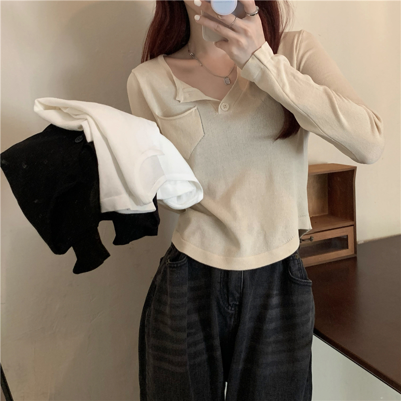 Real shot Versatile design irregular breathable slim long-sleeved knitted T-shirt