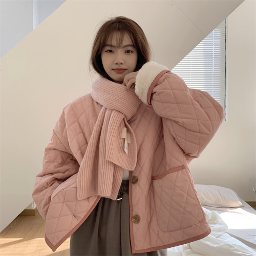 Actual shot of pink short collarless cotton jacket for women in winter, soft lamb wool jacket, versatile and thick