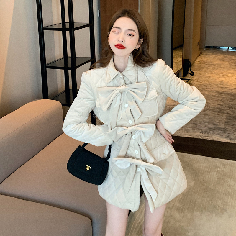 Real shot!  Elegant and designed bow-knot cotton coat with rhombus plaid early spring back slit jacket for women trendy