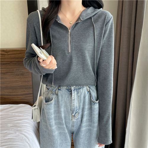 [Real shot] [3 colors] Spring and Autumn hooded outer T-shirt for women with fat pear-shaped hotties, western style niche zipper long-sleeved tops