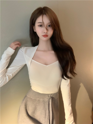 Actual shot of spring new long-sleeved black fake two-piece chic, western style and versatile T-shirt bottoming shirt for women