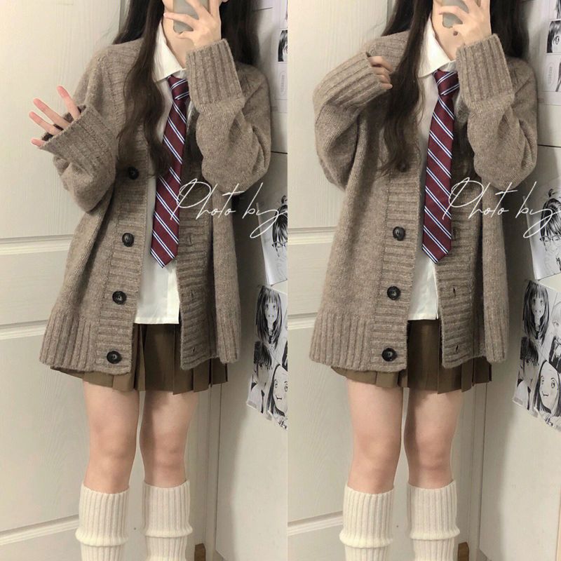 [Three-piece Suit] Spring and Autumn College Style Retro Knitted Cardigan Jacket Women's Korean Shirt High Waist Pleated Skirt Trendy