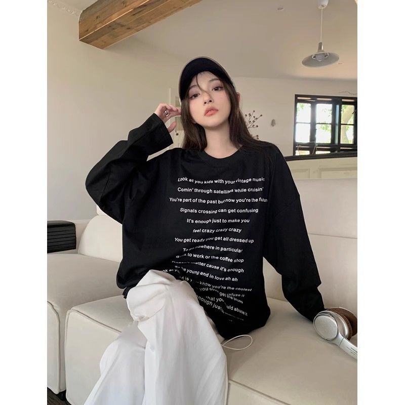 BF style T-shirt women's autumn Korean version 2023 new design letter printing versatile loose black long-sleeved top