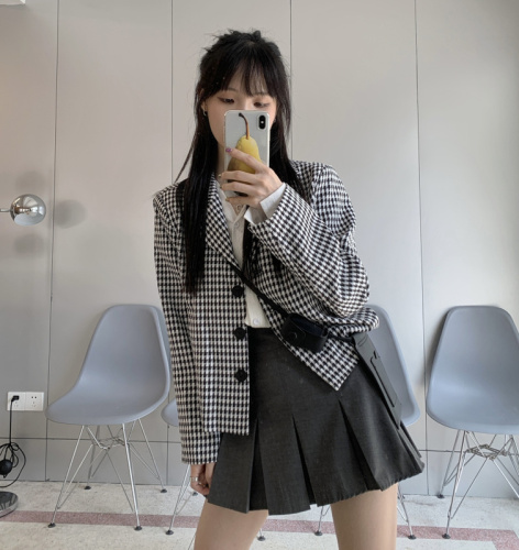 Real shot of three standard houndstooth pattern casual suit chic long-sleeved small suit jacket women's top