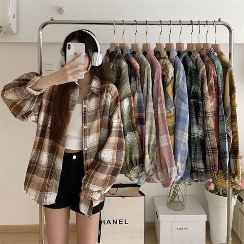 Plaid shirt women's  spring and autumn new outer wear loose long-sleeved high-end retro student shirt loose jacket