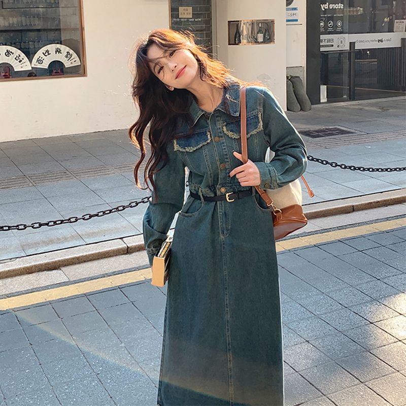 Tea break French high-end long skirt early spring dress for women 2023 new temperament gentle style denim dress for women