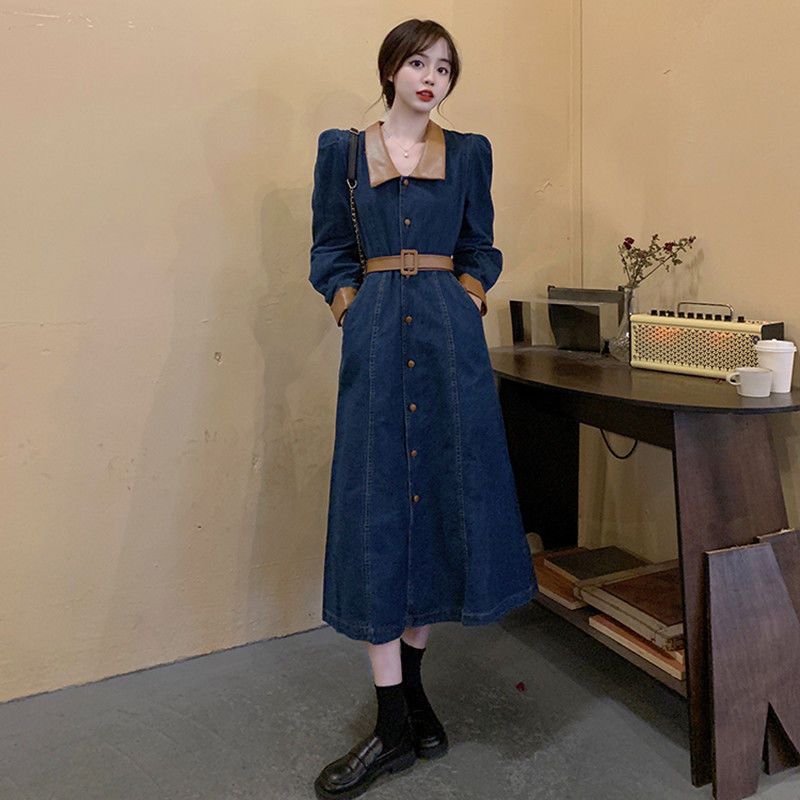 Plus size fat girl waisted retro single-breasted denim dress with slimming temperament and over-the-knee long skirt V-neck bottoming skirt