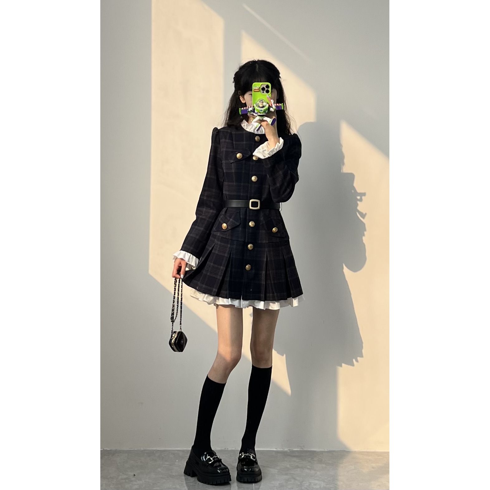 Large size French style long-sleeved patchwork dress with a high-end feel, sweet waist and slim single-breasted suit skirt in autumn