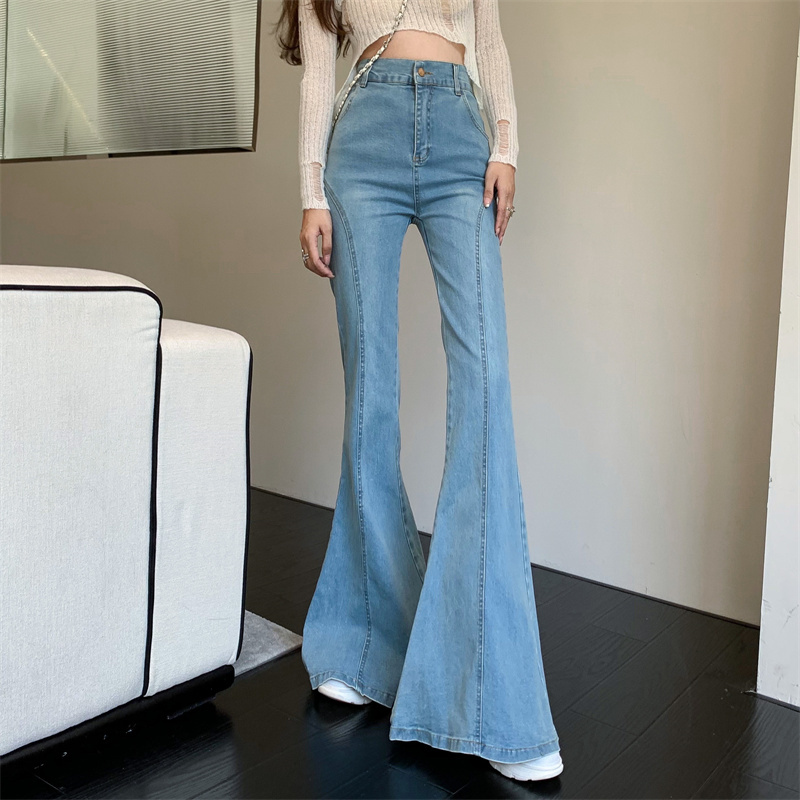 實拍 大喇叭工裝彈力新品韓版闊腿修身高腰牛仔褲女