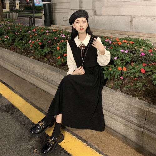 Bow dress spring and autumn  new temperament French sweet retro fake two-piece mid-length skirt for women