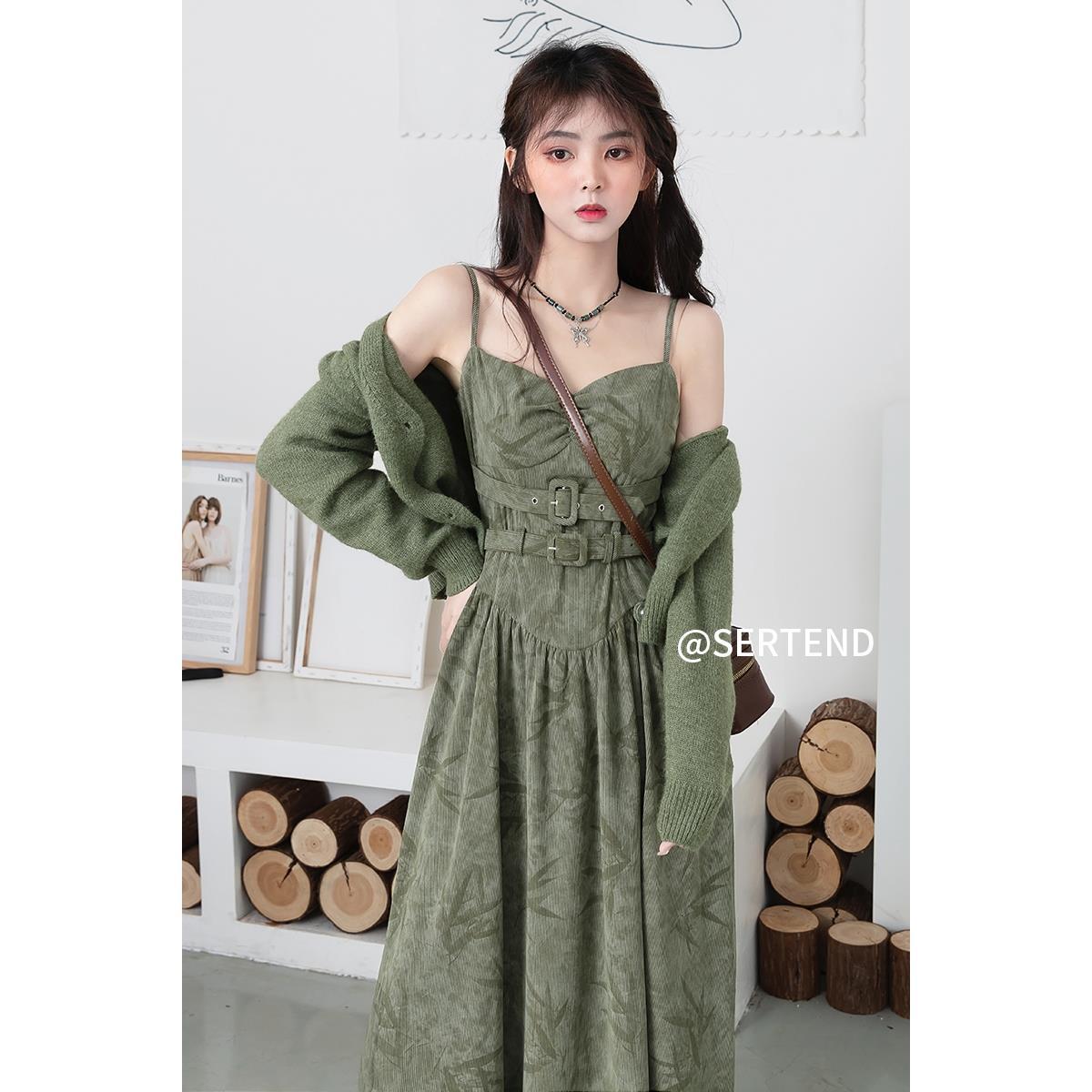 SERTEND autumn gentle style sweet floral dress two-piece knitted cardigan women's suit fashion date
