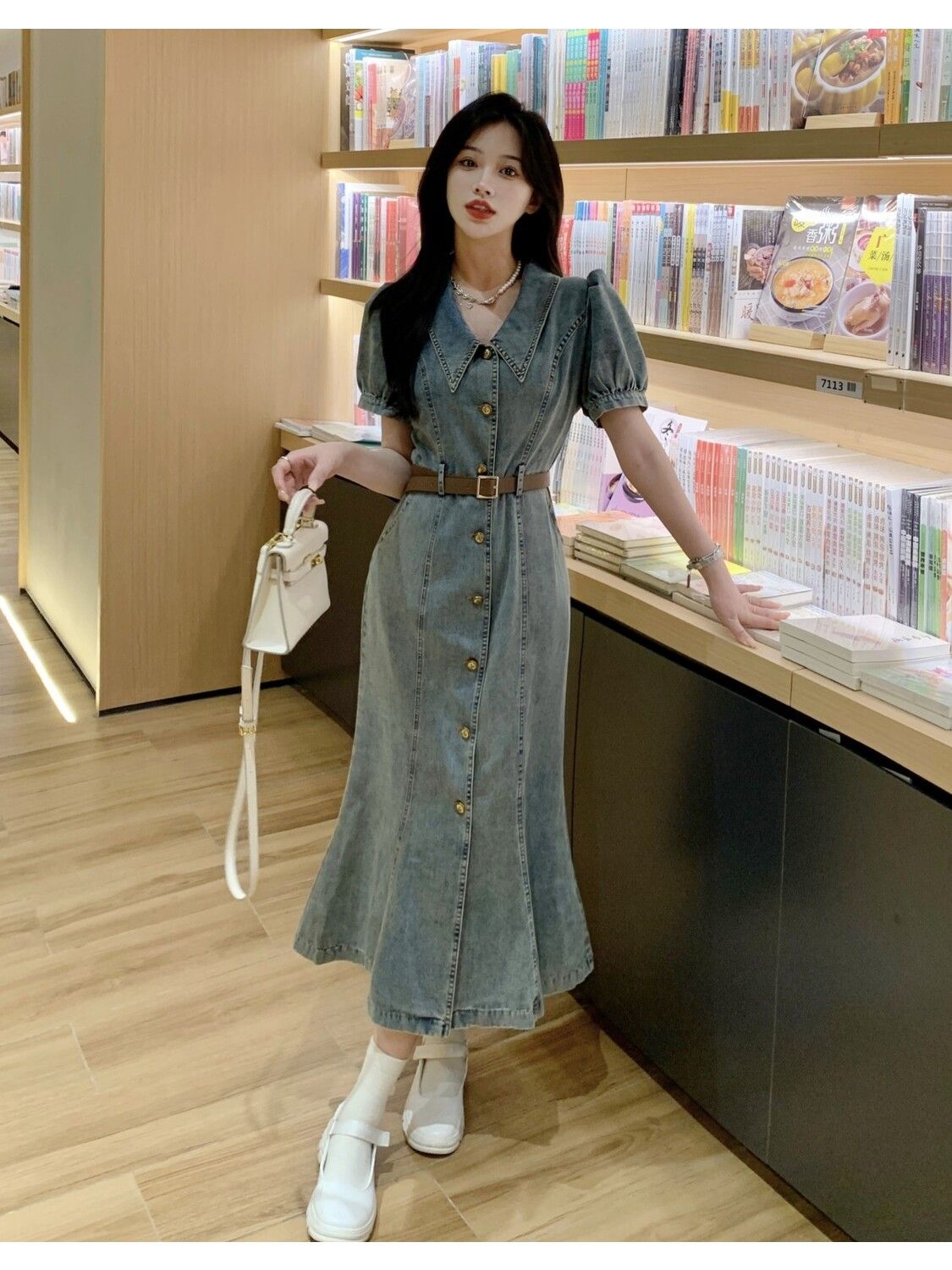 Hong Kong style design denim short-sleeved dress summer women's 2023 new high-waisted a-line skirt mid-length skirt