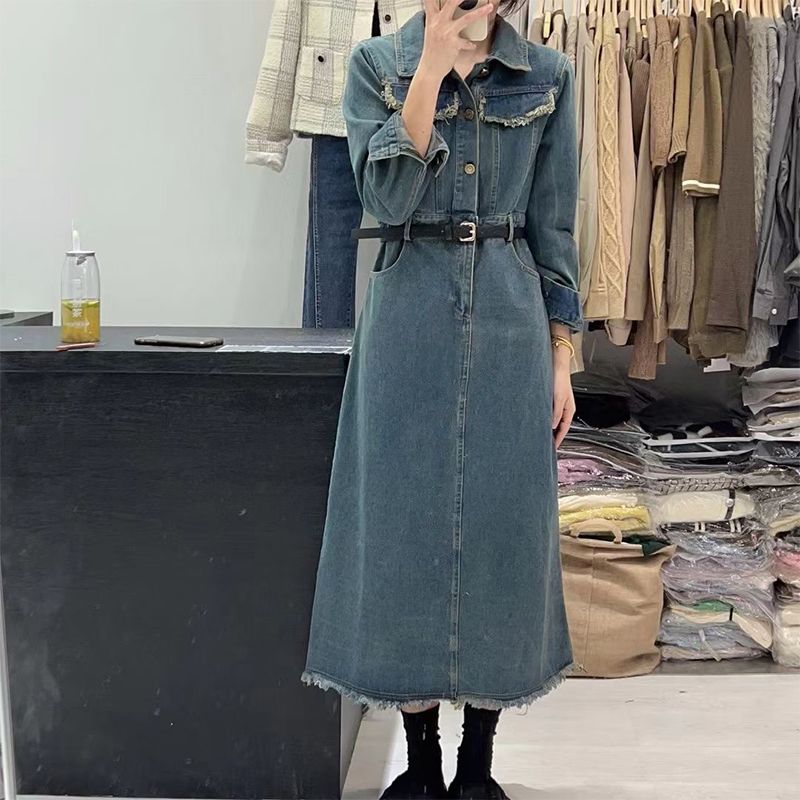 2023 new autumn and winter women's high-end sister style denim dress shirt skirt French long skirt early spring