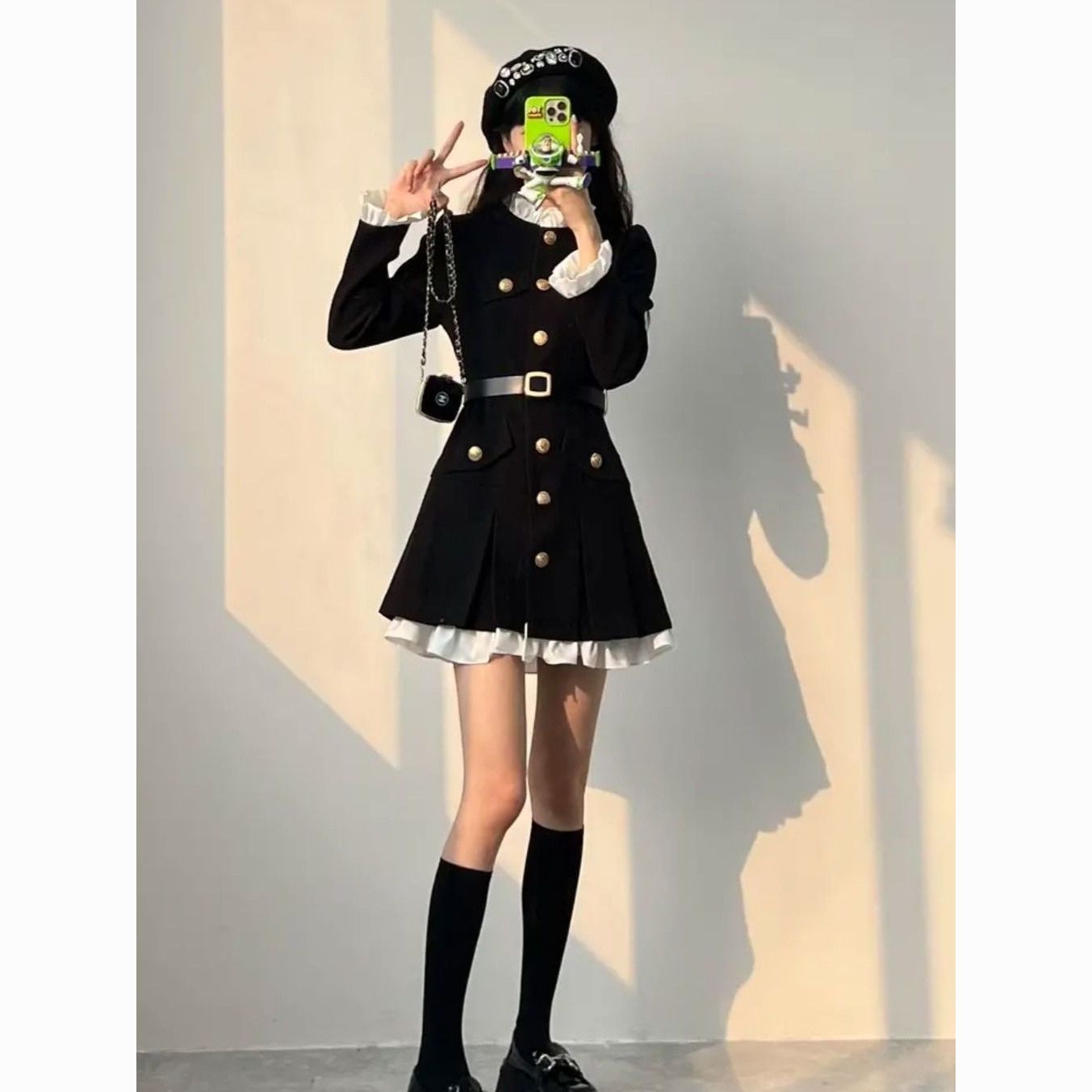 Large size French style long-sleeved patchwork dress with a high-end feel, sweet waist and slim single-breasted suit skirt in autumn