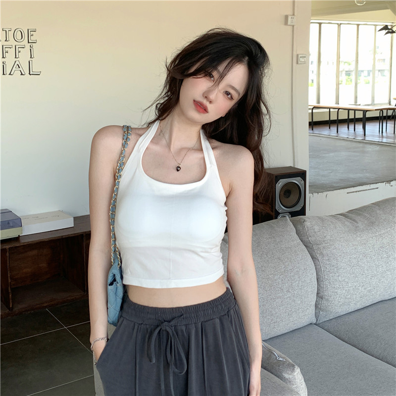 實拍~春款~春季掛脖吊帶背心帶胸墊美背露臍內搭上衣抹胸