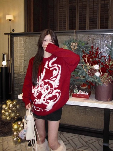 Festive Year of the Dragon Red Sweater Jacket Women's Autumn and Winter High-Quality Jacquard Knit Sweater Bestie Couple Outfit New Year's War Clothes