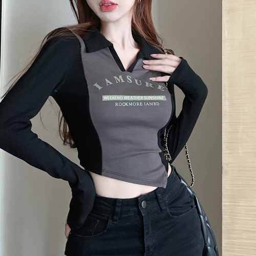 Contrast color polo neck slim long-sleeved t-shirt for women in spring and autumn, pure lust hottie sexy v-neck top, chic chic bottoming shirt