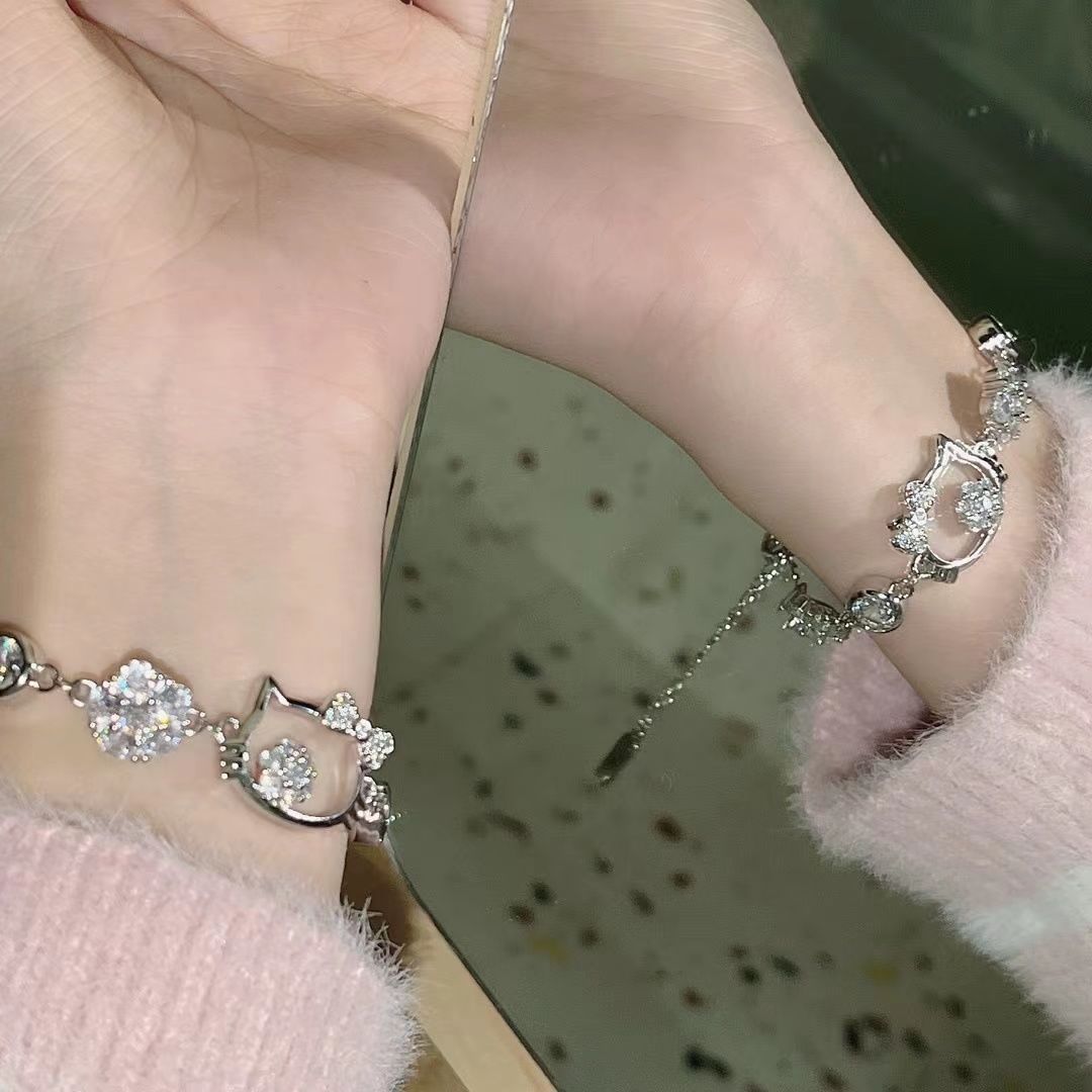 S925 sterling silver hellokitty bracelet, cute fairy style Hello Kitty diamond-encrusted bracelet, gift for best friend or girlfriend