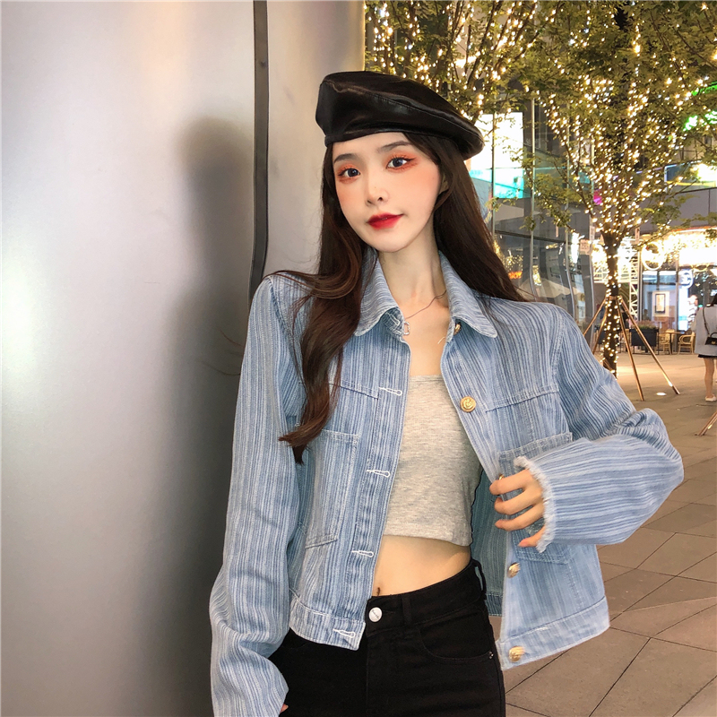 Real shot of ins raw edge long-sleeved top retro casual short casual denim jacket