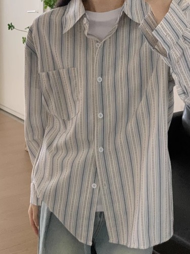 Blue striped shirt for women 2024 spring new design niche loose slimming professional commuting long-sleeved shirt