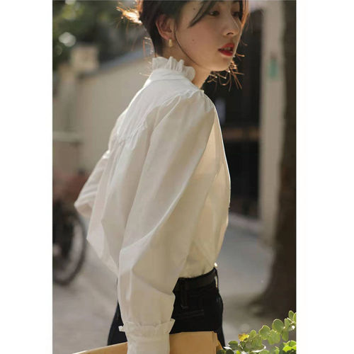 White lace collar shirt for women early autumn new style inner bottoming western style shirt petite pure long-sleeved top