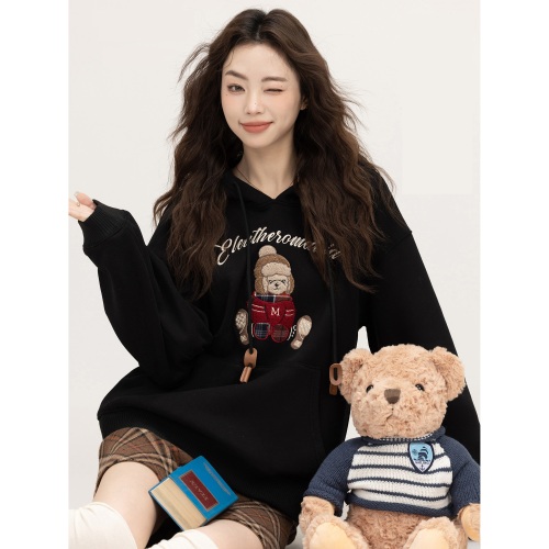 [Tmall/Quality/Thin Style] Heavy Chinese Cotton/Silver Fox Velvet Double-layer Hat Letter Bear Print Sweatshirt