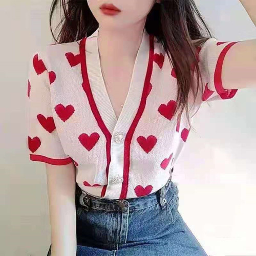 韩版甜美红色爱心珍珠薄款短袖气质小香风冰丝针织开衫外套女夏季