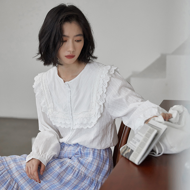 實拍春季減齡提花拼接大翻領長袖襯衫上衣女白色洋氣休閒襯衣