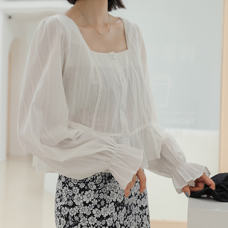 實拍2024新品方領襯衫上衣女很仙的娃娃衫法式復古燈籠袖鎖骨小衫