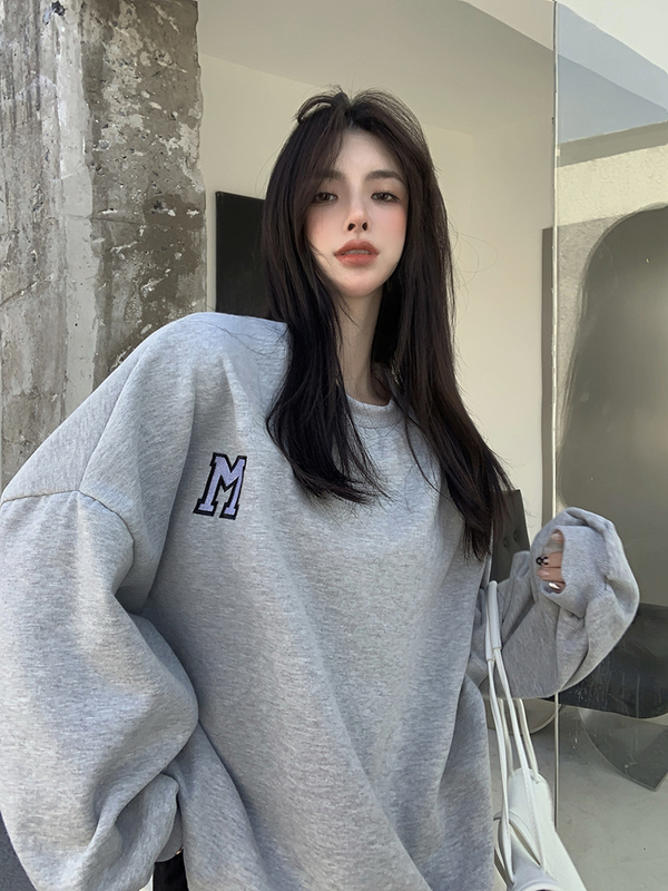 Real shot 2024 Korean style loose casual versatile tops plus velvet thickened round neck pullover embroidered sweatshirt