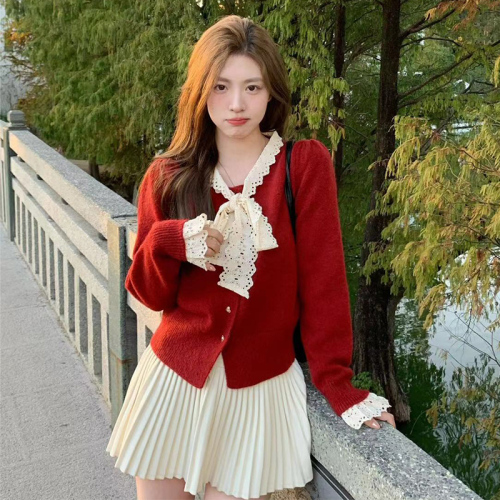 Bow New Year red sweater cardigan for women autumn and winter 2024 new style high-end short style inner knitted top