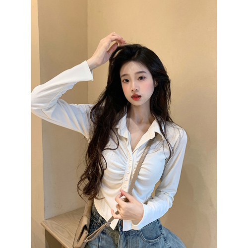 Spring and Autumn New Pure Desire Hot Girl Style Pleated Fashion Niche Versatile Skin Friendly Stretch V-Neck Short Long Sleeve Shirt for Women