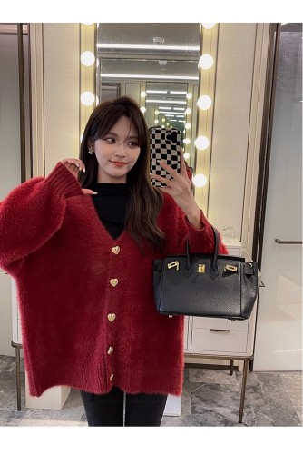 Red imitation mink velvet sweater cardigan coat for women thickened mid-length autumn and winter loose, warm, soft and waxy furry