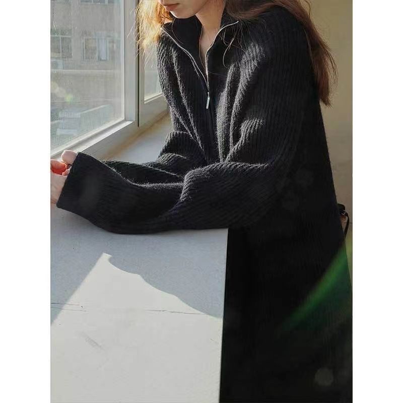 French mid-length lazy style autumn and winter lapel zipper sweater Korean style loose thickened dress as base layer
