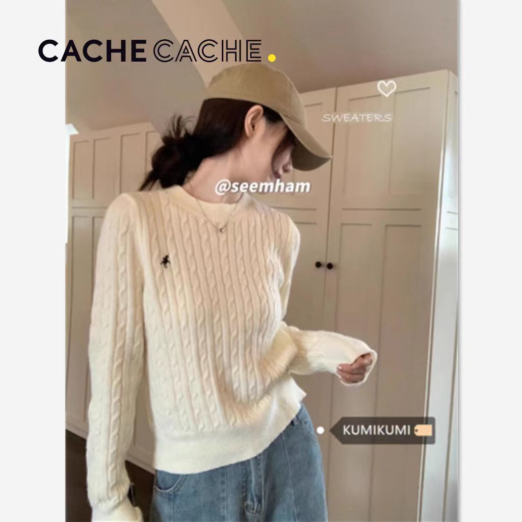 CACHE CACHE twist knitted sweater women's autumn and winter design embroidered sweater loose slimming pullover long-sleeved top
