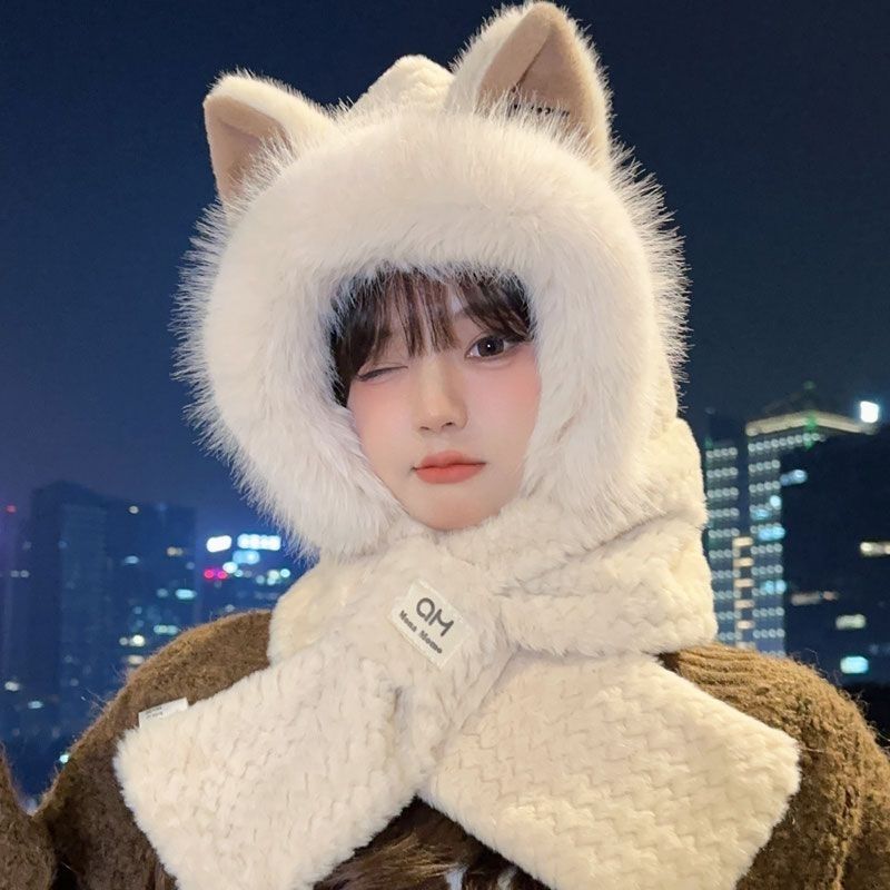 Hat cute Lei Feng fox ears scarf thickened one-piece plush winter warm ear protection scarf autumn and winter