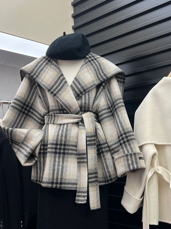2023 new Korean style small fragrant style waisted woolen coat, high-end sense, ladylike temperament plaid woolen coat for women winter