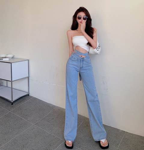 Real shot!  Fashionable Crossover High Waisted Wide Leg Pants Women's Slim Retro Hong Kong Style New Jeans Trendy