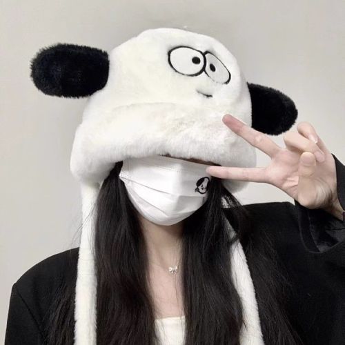 Cute and playful puppy plush hat for girls to show face in winter, keep warm while riding bicycles and protect ears, give a Lei Feng hat to best friend