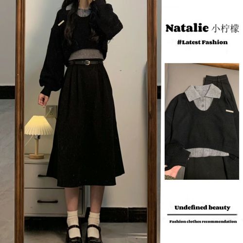 Three-piece suit for women in fall, new college style Korean style sweater knitted top with vest high waist slimming skirt