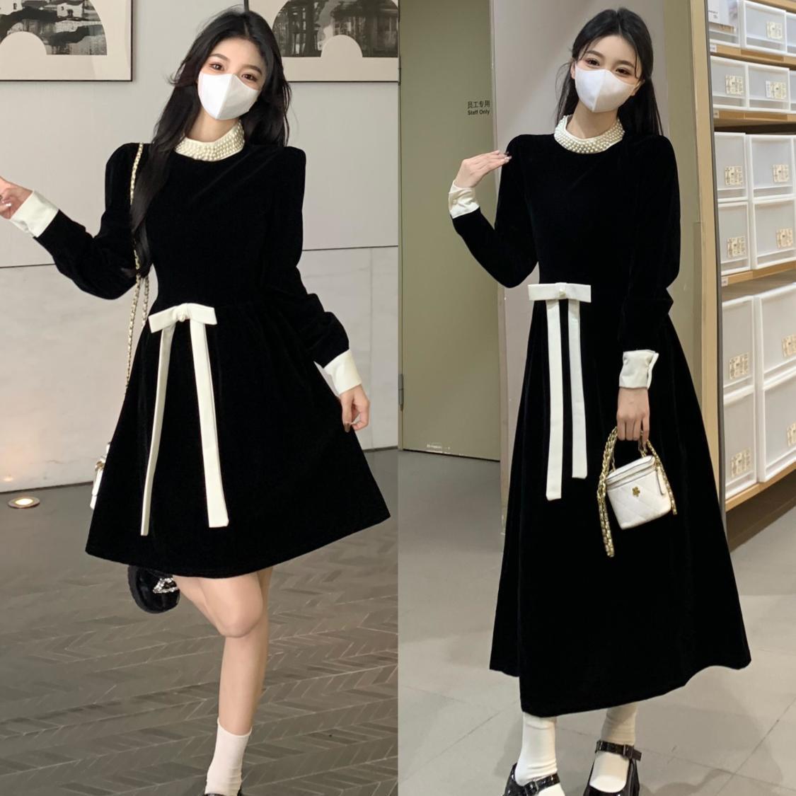Plus size winter fat mm Hepburn style dress for women high-end French velvet slim retro temperament with long skirt