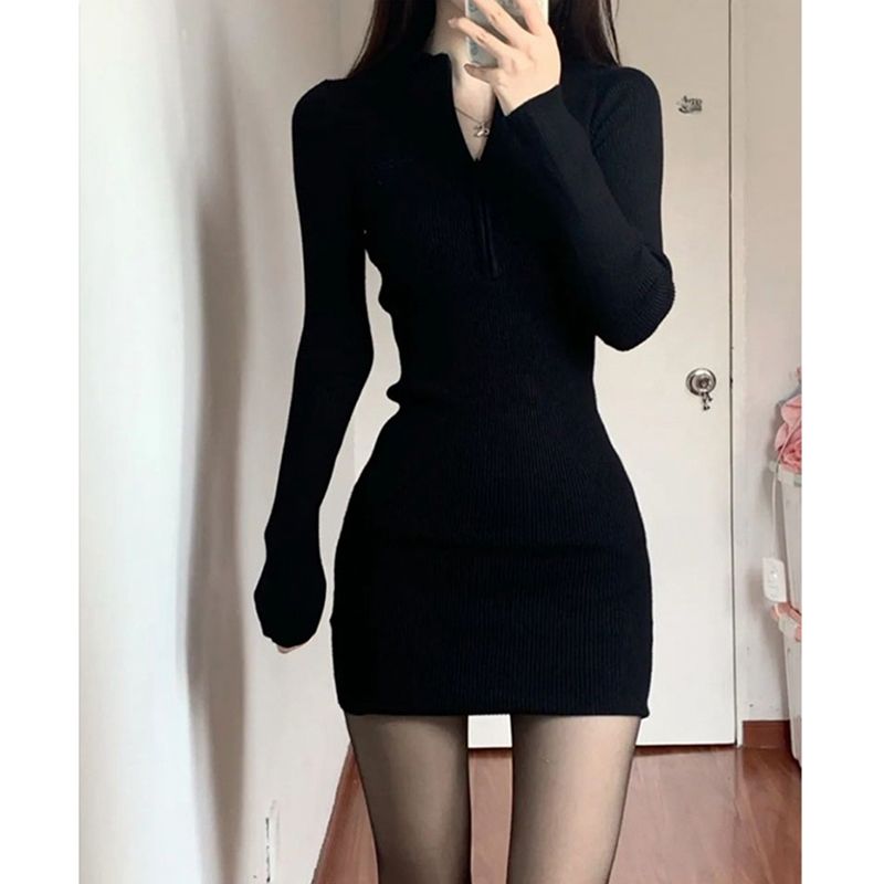 Plus size fat girl long-sleeved knitted bottoming dress women's spring, autumn and winter new slim and sexy hip-hugging small black skirt