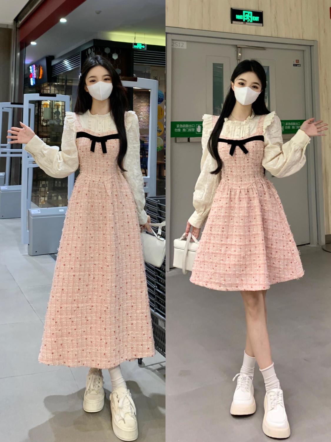 Plus size women's French small fragrant fake two-piece splicing dress autumn and winter retro palace style long skirt that covers the belly and hides the flesh