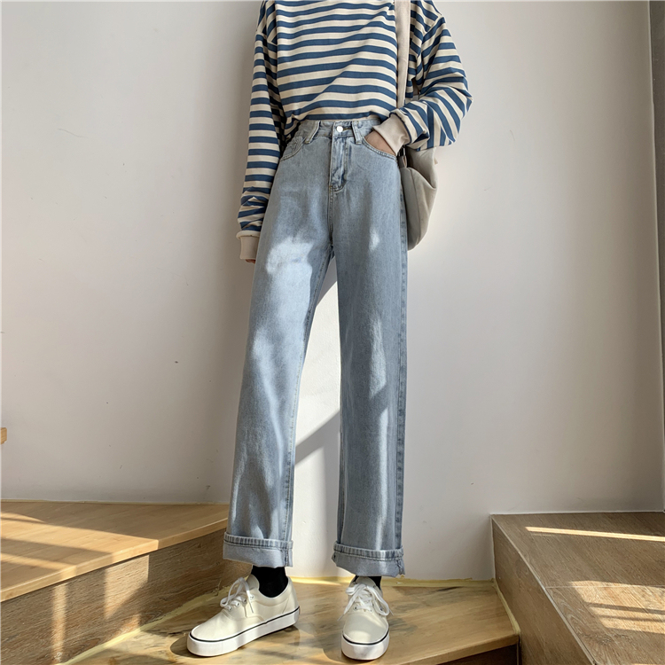 Actual shot of Korean style high-waist slimming wide-leg trousers, versatile jeans, dad pants, trendy denim trousers for girls