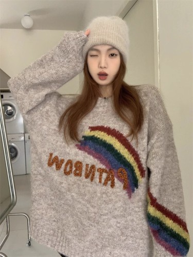 Three-dimensional rainbow letters loose soft waxy sweater for women winter new versatile slim long-sleeved sweater top