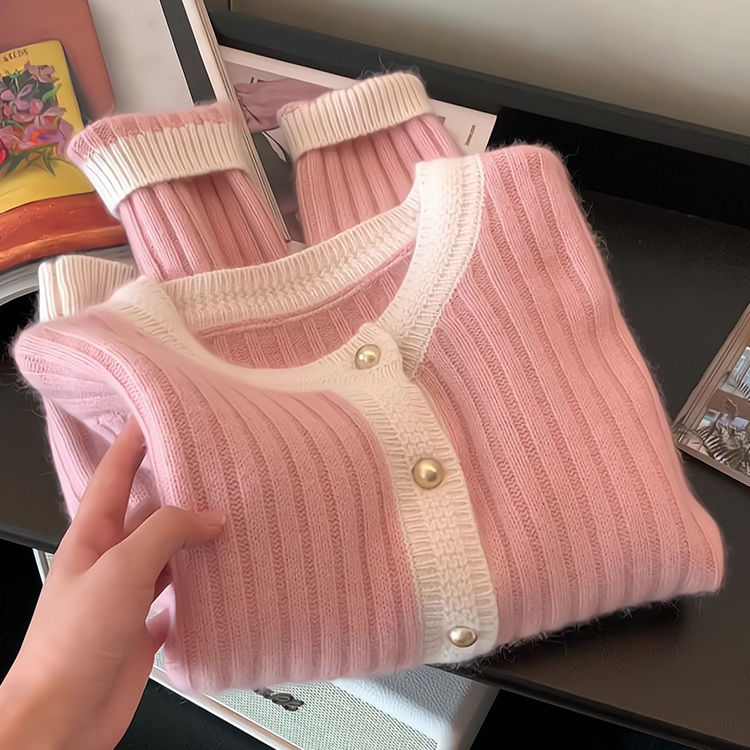 French pink small fragrant style knitted cardigan jacket for women autumn and winter 2023 new lazy style soft waxy top