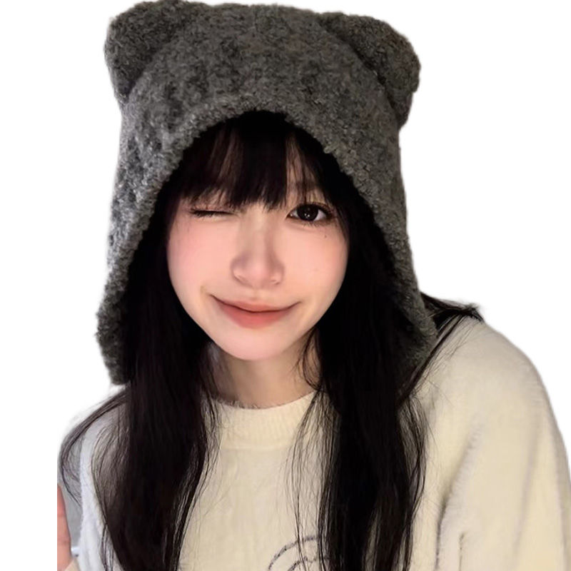 Cute Bear Hat Women's Autumn and Winter New Versatile Warm Wool Hat 2023 Hot Style Gray Ear Protection Knitted Hat