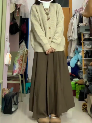 Korean coffee color high waist A-line pear-shaped pleated skirt for women autumn and winter 2023 large skirt drape versatile skirt