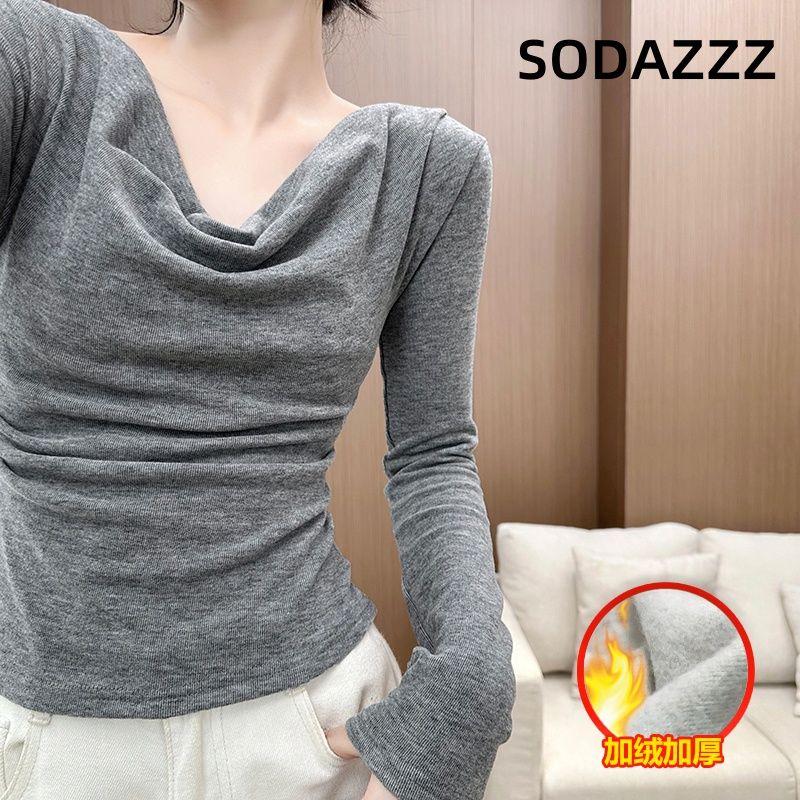 Thickened velvet top, winter pure desire long-sleeved T-shirt, hot girl niche off-shoulder bottoming shirt for women